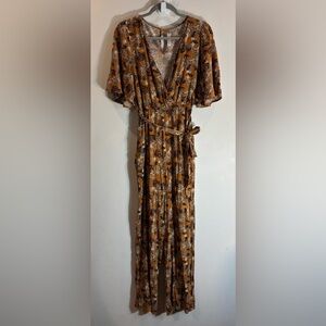 BAND OF GYPSIES Sz M Floral Wrap Bodice Jumpsuit 100% Viscose Flare Sleeve